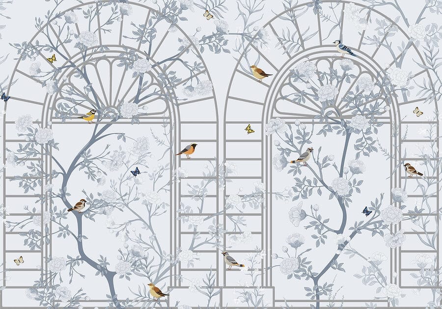 Papier peint avec une échelle et des oiseaux