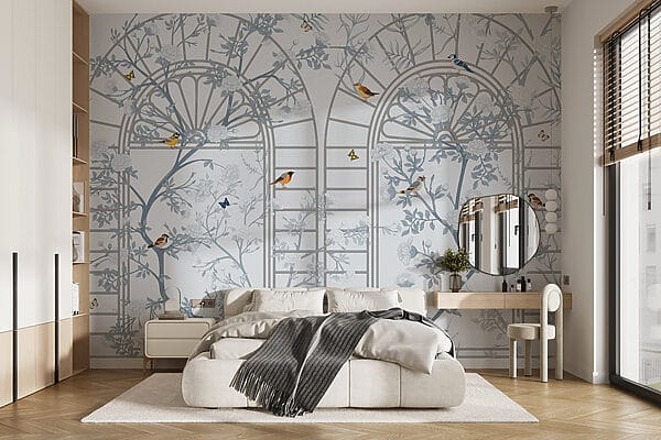 Papier peint avec une échelle et des oiseaux Papier peint avec une échelle et des oiseaux