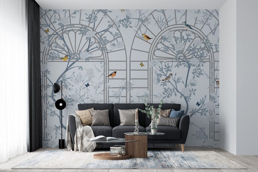 Papier peint avec une échelle et des oiseaux