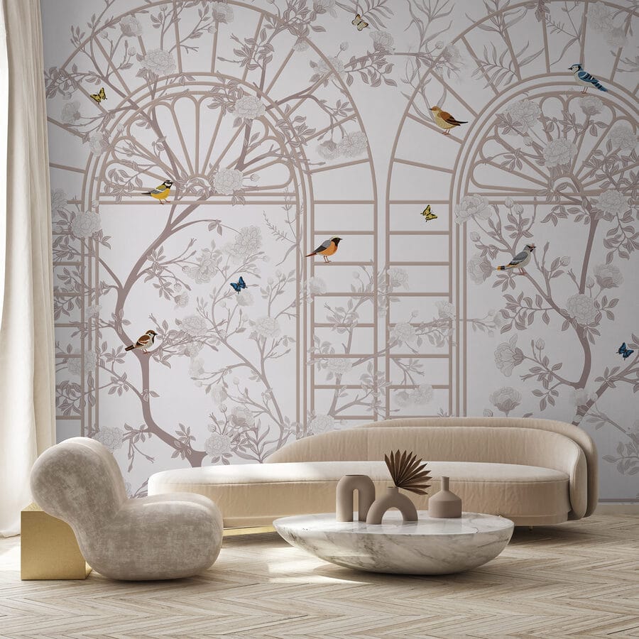 Papier peint avec une échelle et des oiseaux