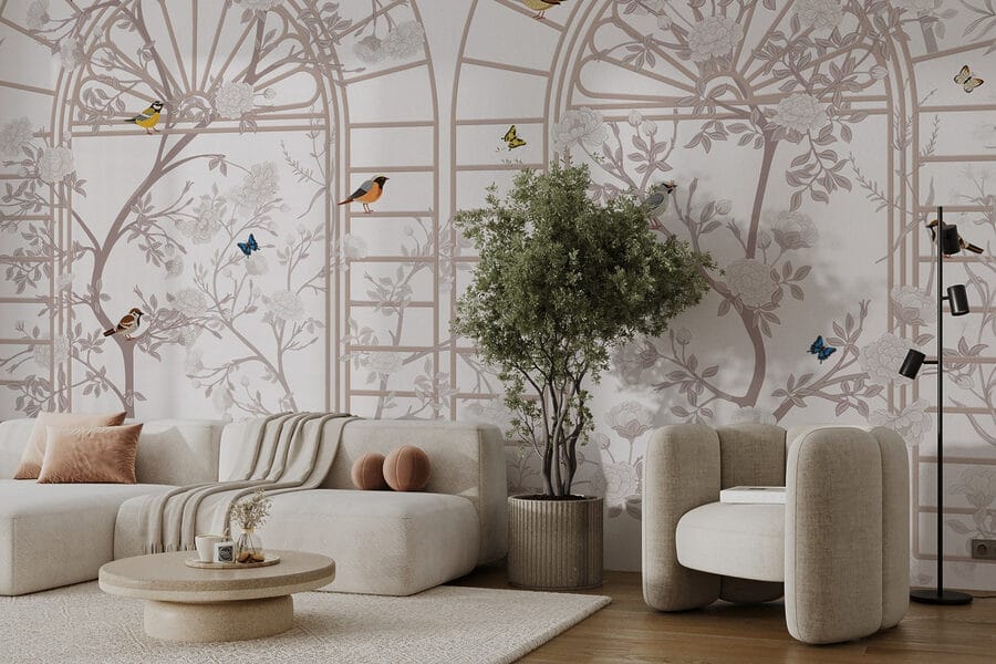 Papier peint avec une échelle et des oiseaux