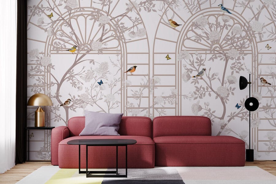 Papier peint avec une échelle et des oiseaux