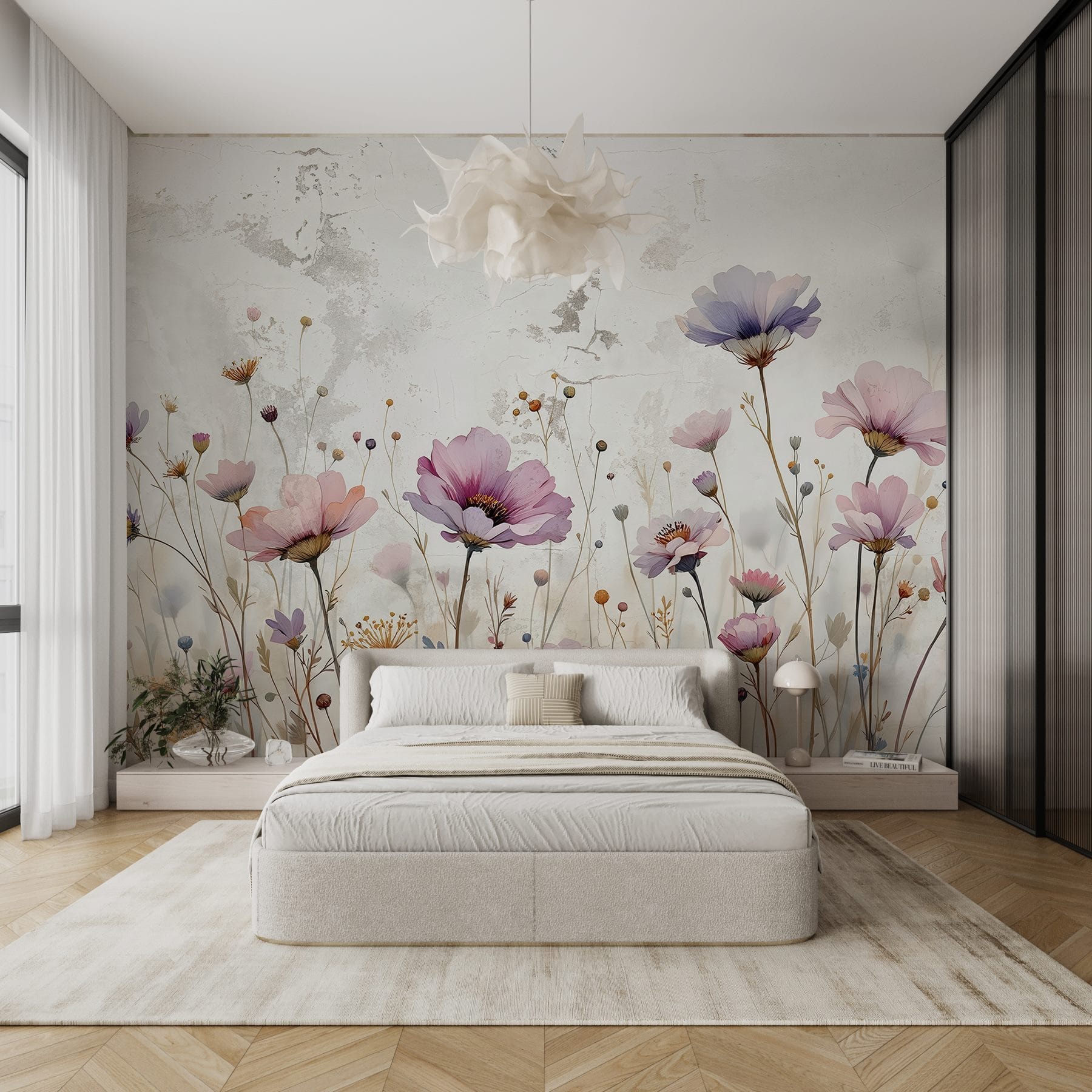 Sticker Mural Trompe-l'oeil Bambous Et Fleurs Sur Pierre - Déco Intérieure, 70x70 Cm, Adhésif Haute Qualité, Facile à Poser