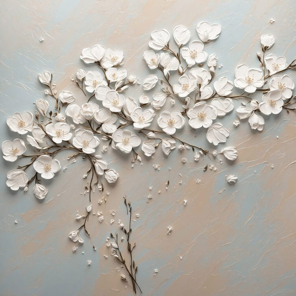 White flowers on a blue and white background