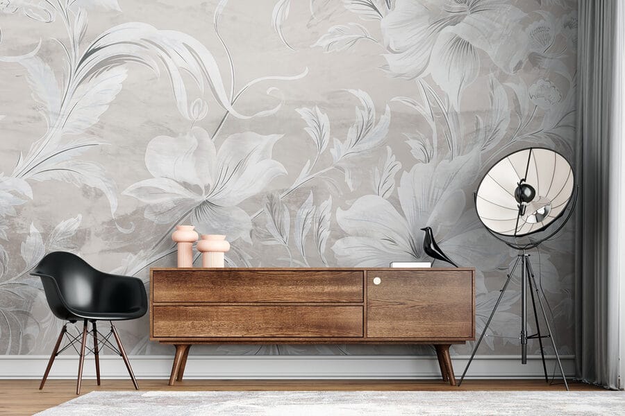 Motif floral blanc et gris