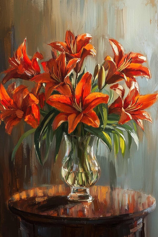 Peinture de fleurs orange dans un vase en verre Peinture de fleurs orange dans un vase en verre