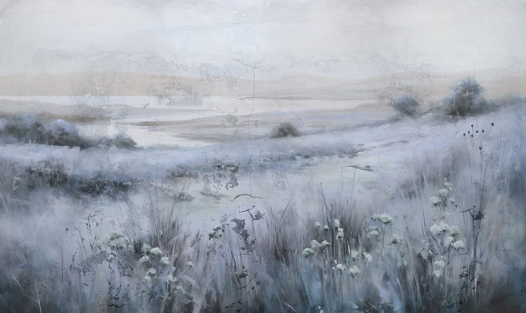 Peinture d'un champ d'herbe et d'une rivière Peinture d'un champ d'herbe et d'une rivière