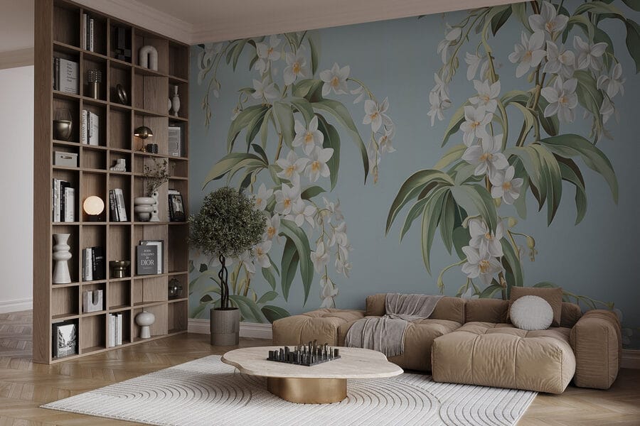 Papier peint avec des fleurs blanches