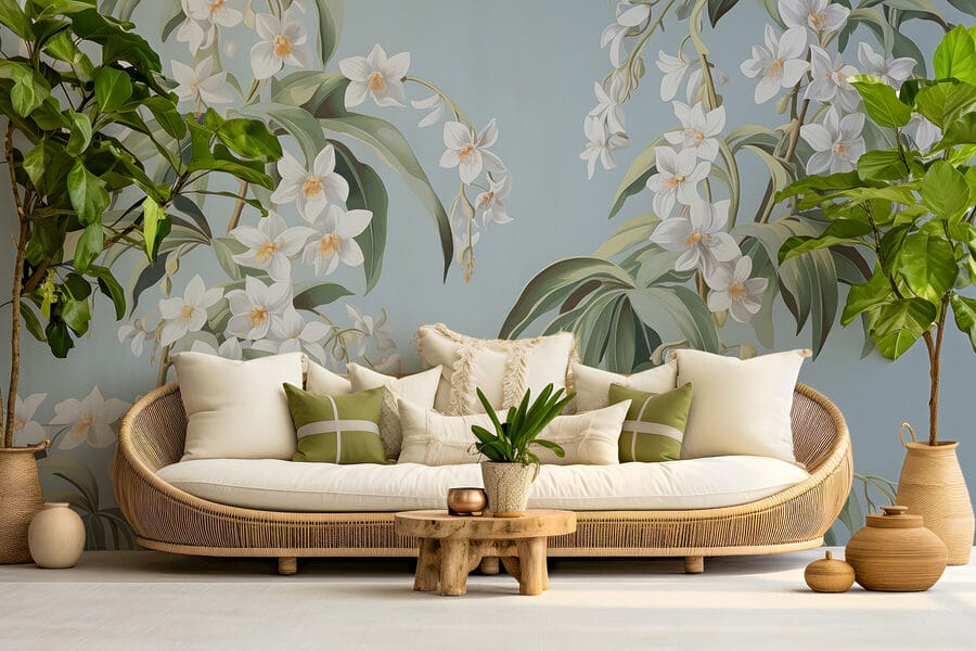 Papier peint avec des fleurs blanches