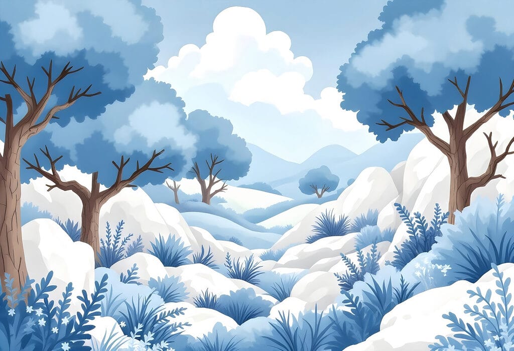 Paysage enneigé avec arbres et buissons Paysage enneigé avec arbres et buissons