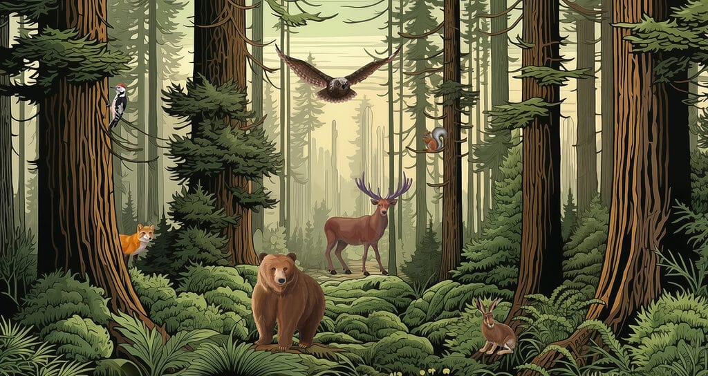 Forêt avec animaux et oiseaux Forêt avec animaux et oiseaux