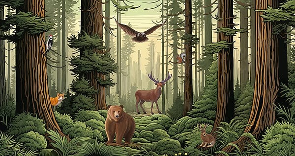 Forêt avec animaux et oiseaux Forêt avec animaux et oiseaux