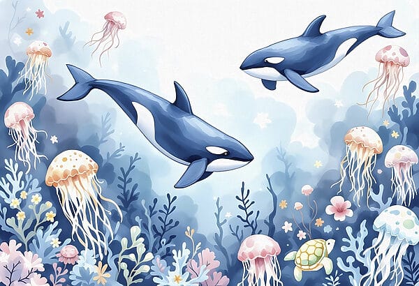 Baleine et tortue nageant dans l'océan Baleine et tortue nageant dans l'océan