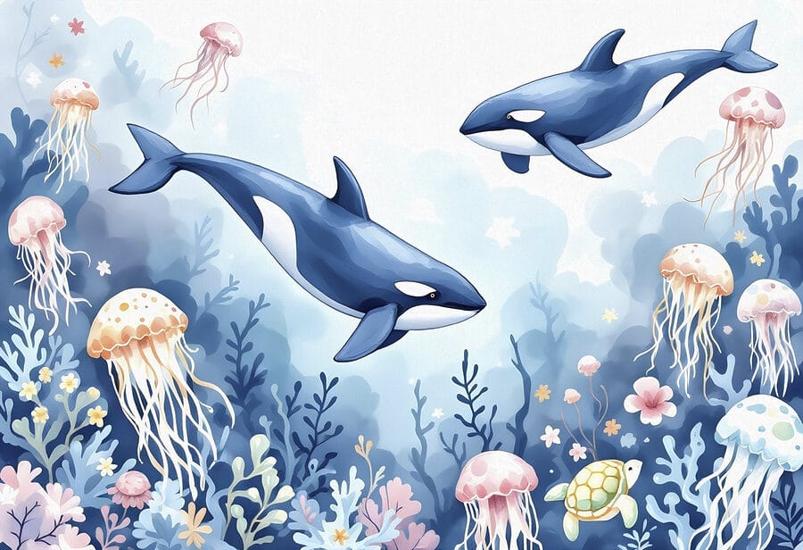 Baleine et tortue nageant dans l'océan Baleine et tortue nageant dans l'océan