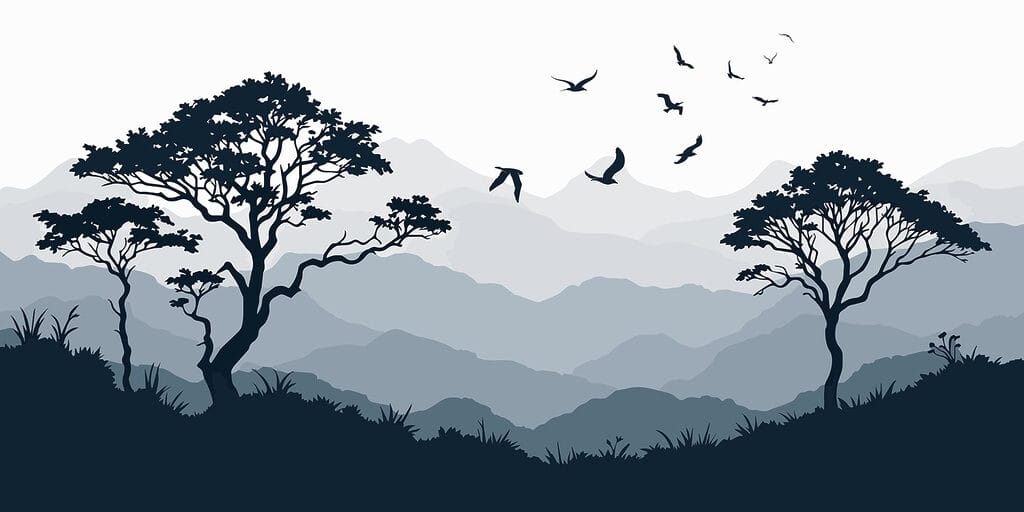 Oiseaux volant au-dessus d'une chaîne de montagnes Oiseaux volant au-dessus d'une chaîne de montagnes