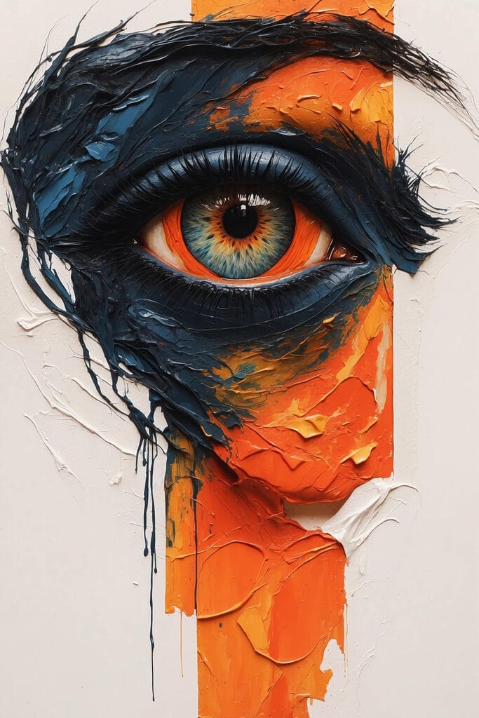 Painting of an eye with paint on it