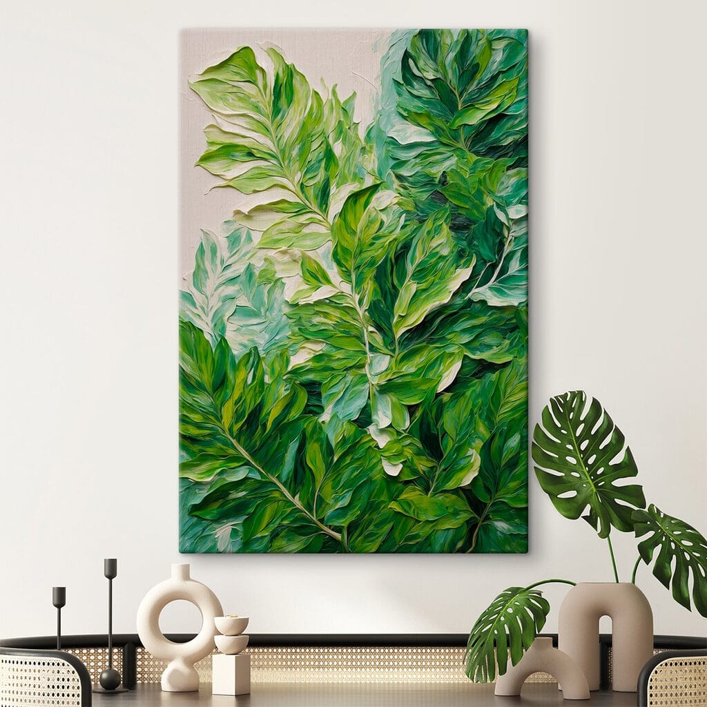 Painting of leaves on a white surface