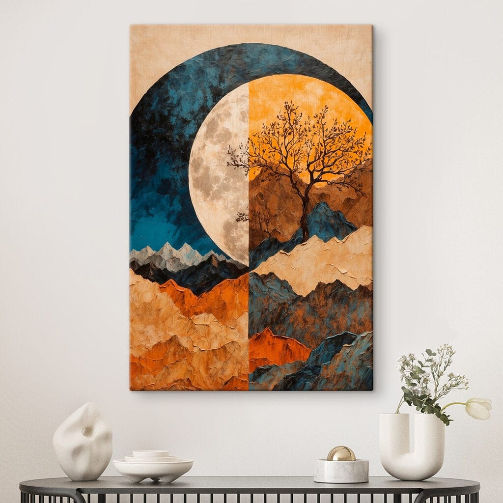 Painting of a tree and mountains