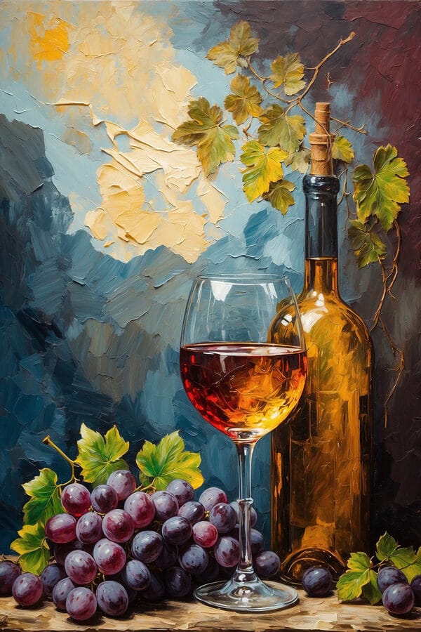 Peinture d'une bouteille de vin et d'un verre de vin Peinture d'une bouteille de vin et d'un verre de vin