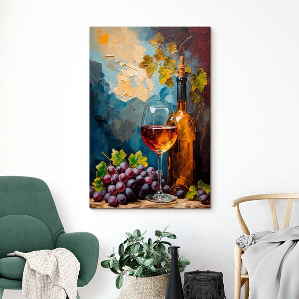 Peinture d'une bouteille de vin et d'un verre de vin Peinture d'une bouteille de vin et d'un verre de vin