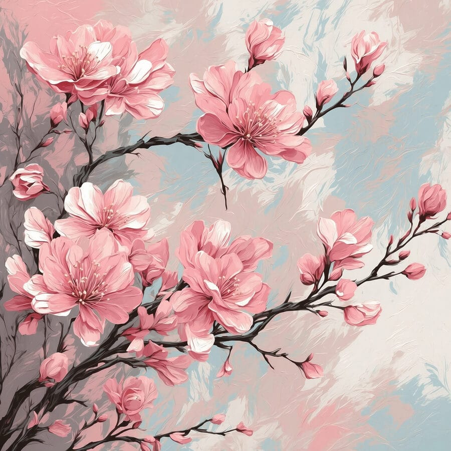 Peinture de fleurs roses sur une branche