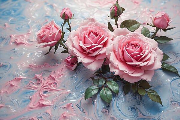 Groupe de roses roses sur une surface bleue et blanche Groupe de roses roses sur une surface bleue et blanche