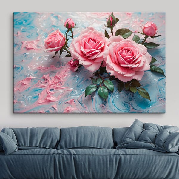Groupe de roses roses sur une surface bleue et blanche Groupe de roses roses sur une surface bleue et blanche