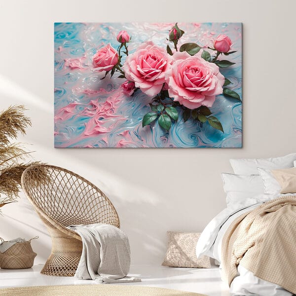 Groupe de roses roses sur une surface bleue et blanche Groupe de roses roses sur une surface bleue et blanche
