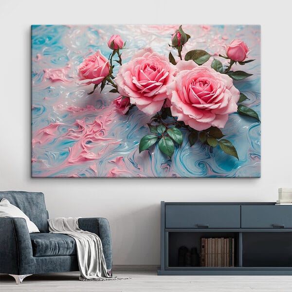 Groupe de roses roses sur une surface bleue et blanche Groupe de roses roses sur une surface bleue et blanche