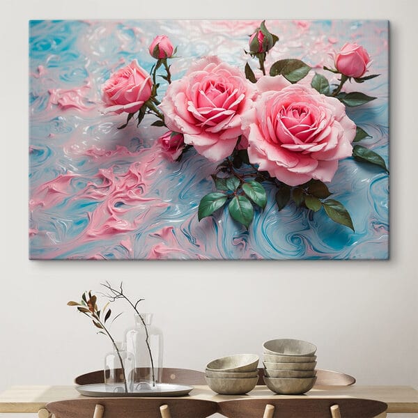 Groupe de roses roses sur une surface bleue et blanche Groupe de roses roses sur une surface bleue et blanche