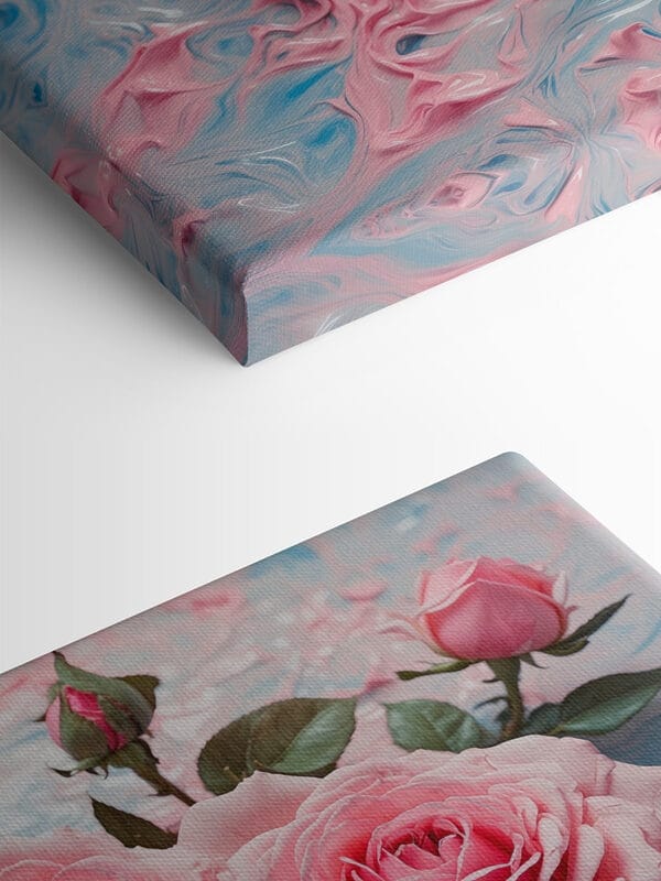 Groupe de roses roses sur une surface bleue et blanche Groupe de roses roses sur une surface bleue et blanche