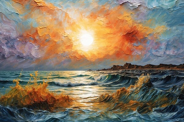 Peinture d'un coucher de soleil sur une étendue d'eau Peinture d'un coucher de soleil sur une étendue d'eau