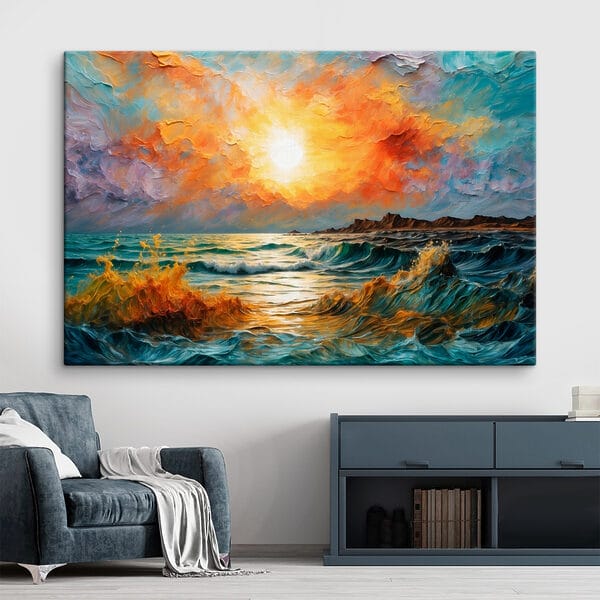 Peinture d'un coucher de soleil sur une étendue d'eau Peinture d'un coucher de soleil sur une étendue d'eau