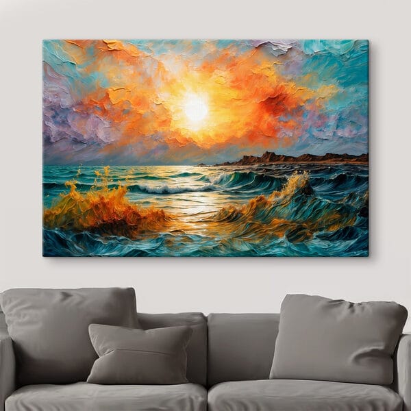 Peinture d'un coucher de soleil sur une étendue d'eau Peinture d'un coucher de soleil sur une étendue d'eau