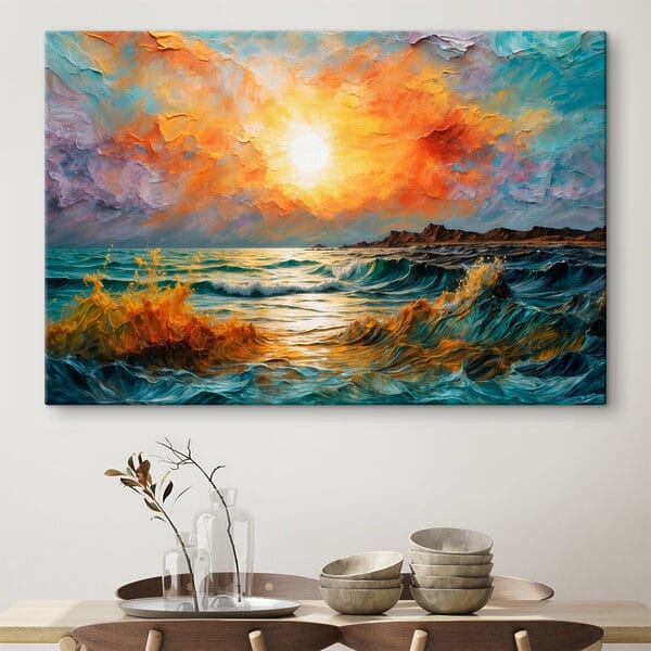 Peinture d'un coucher de soleil sur une étendue d'eau Peinture d'un coucher de soleil sur une étendue d'eau