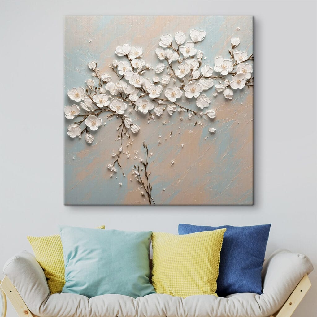 White flowers on a blue and white background