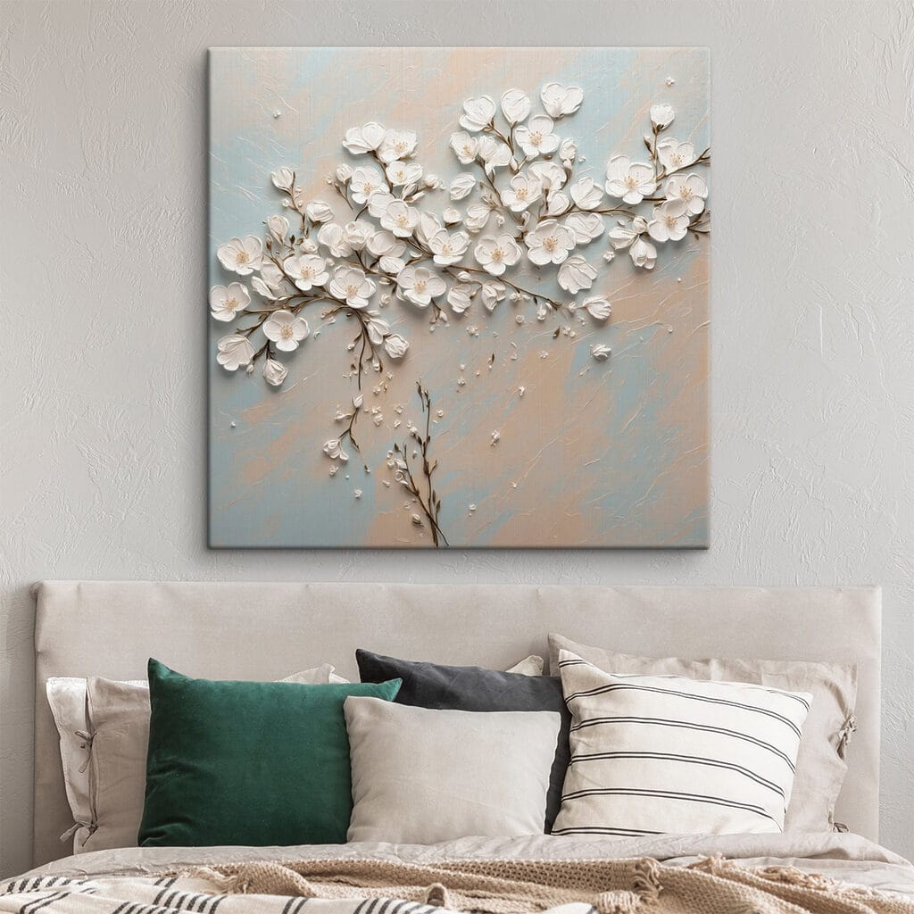 White flowers on a blue and white background