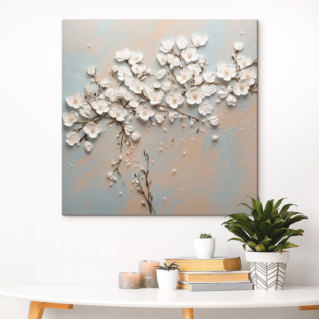 White flowers on a blue and white background