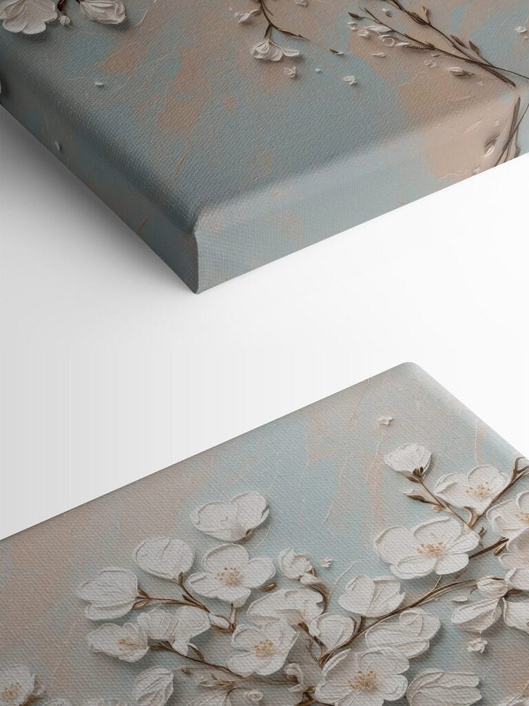 White flowers on a blue and white background