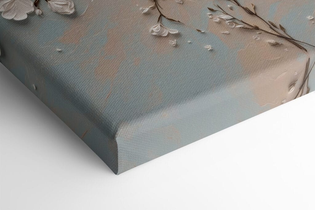 White flowers on a blue and white background