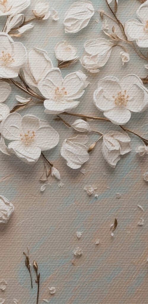 White flowers on a blue and white background