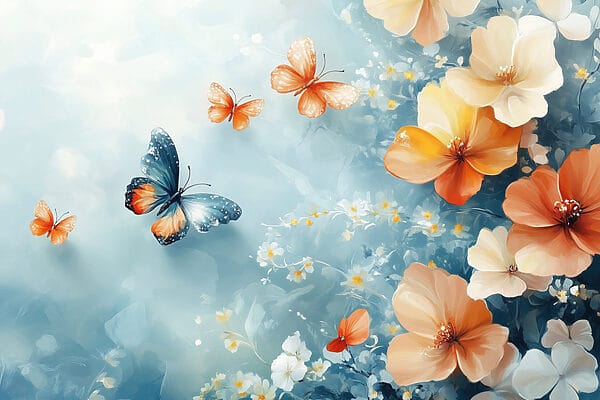 Papillons et fleurs sur fond bleu Papillons et fleurs sur fond bleu
