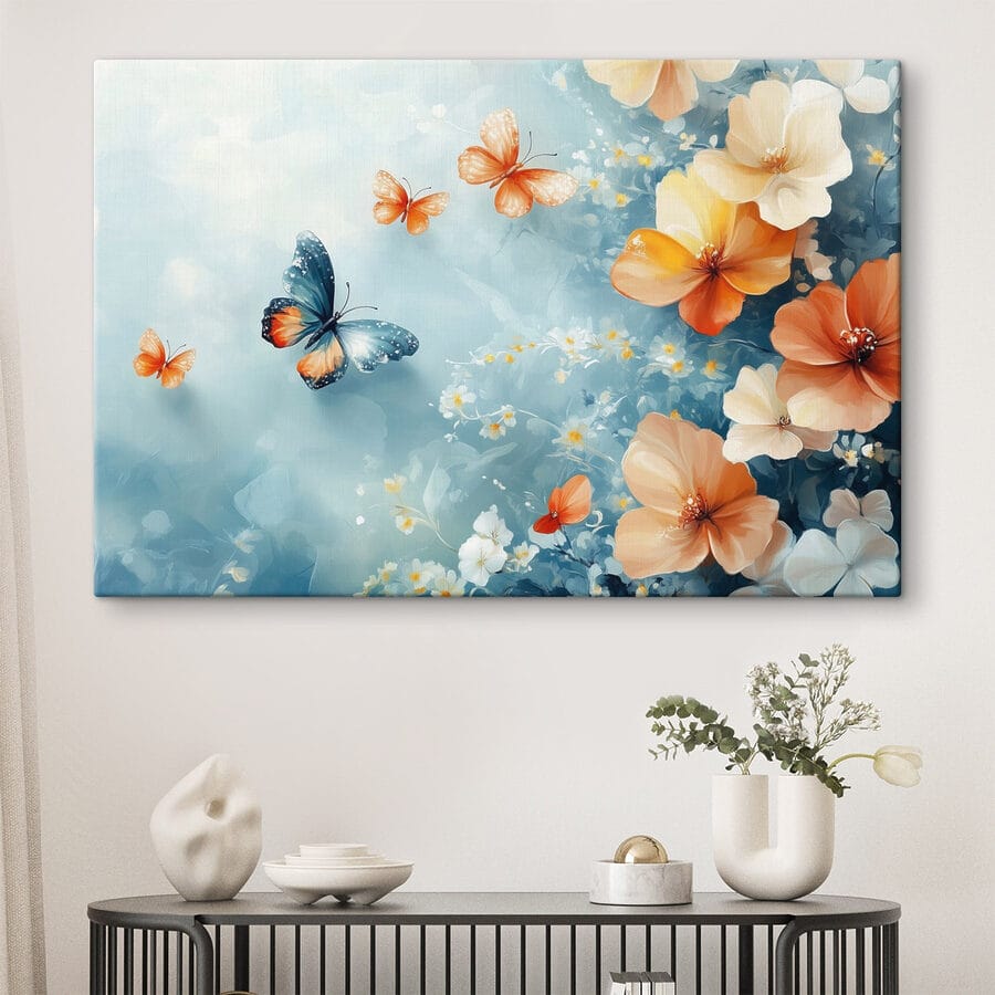 Papillons et fleurs sur fond bleu
