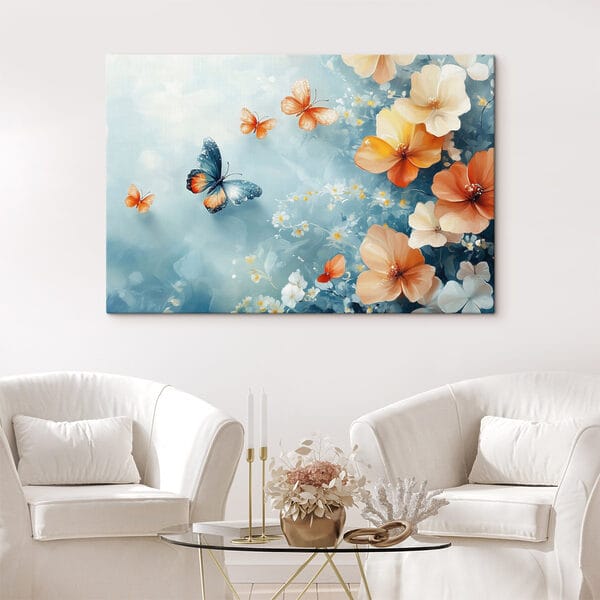 Papillons et fleurs sur fond bleu Papillons et fleurs sur fond bleu