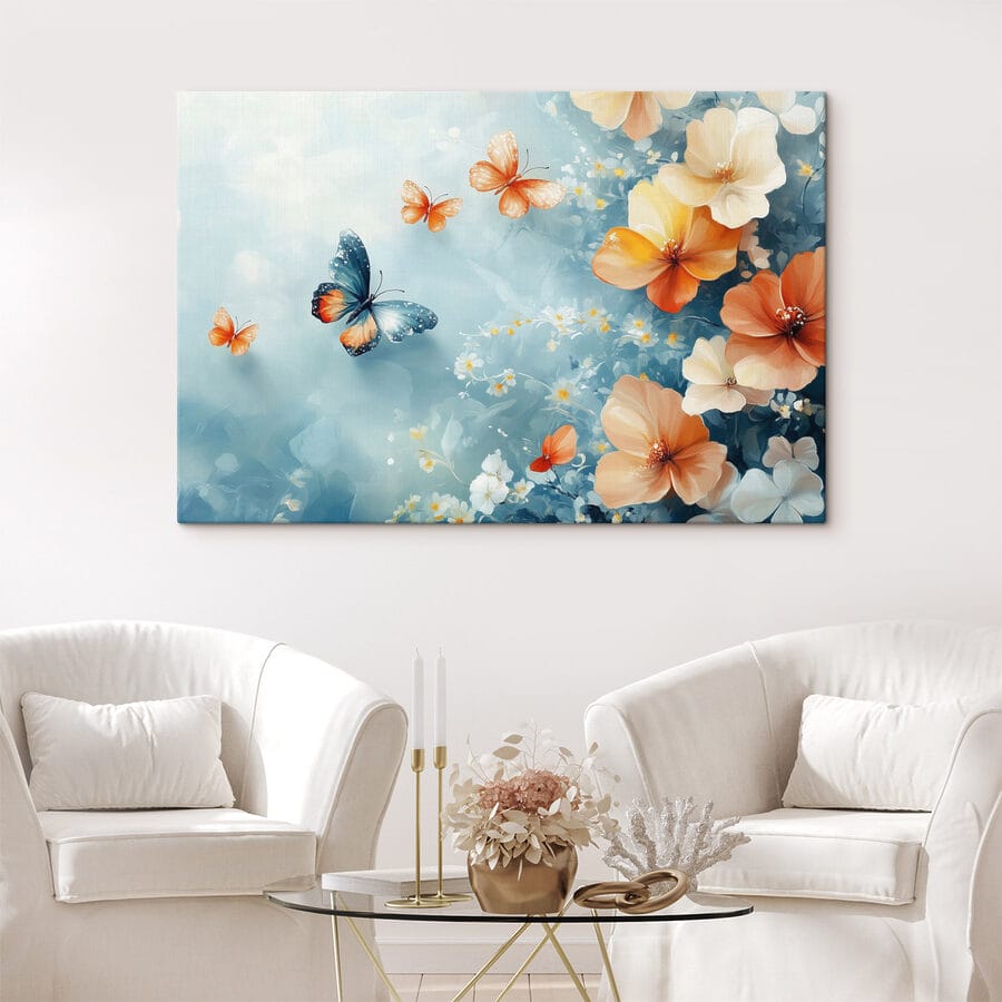 Papillons et fleurs sur fond bleu
