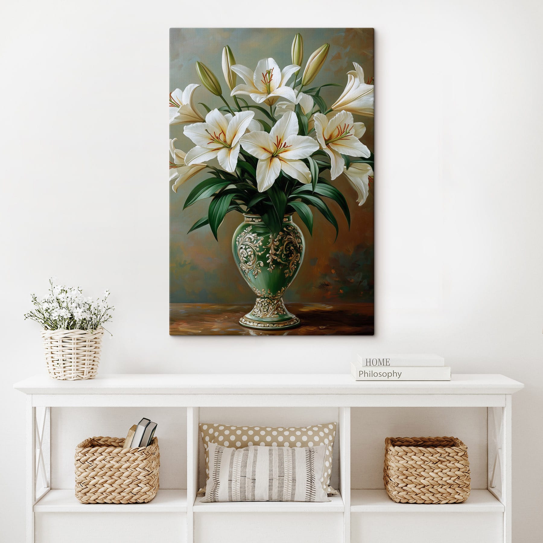 Painting of a vase of white flowers