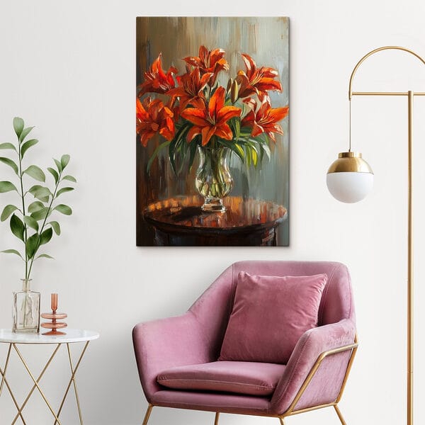 Peinture de fleurs orange dans un vase en verre Peinture de fleurs orange dans un vase en verre