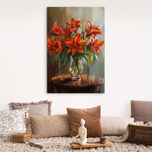 Peinture de fleurs orange dans un vase en verre Peinture de fleurs orange dans un vase en verre