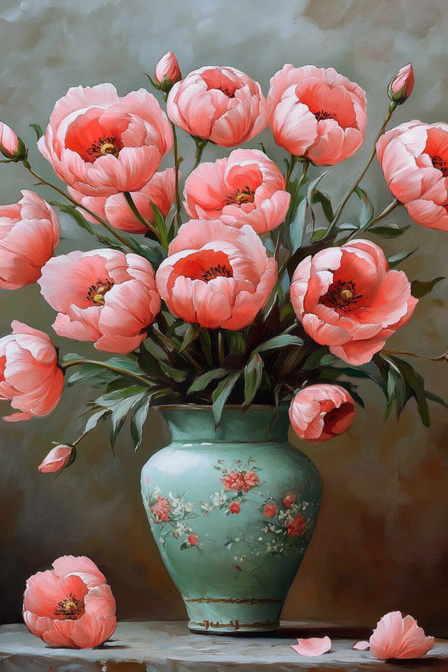 Peinture de fleurs roses dans un vase