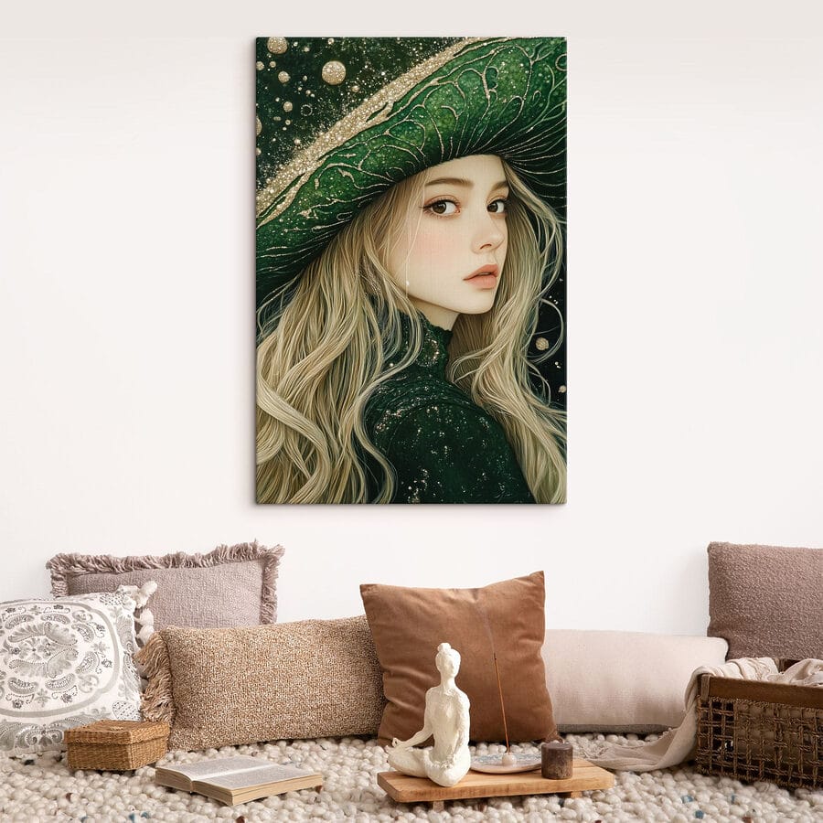 Femme portant un chapeau vert